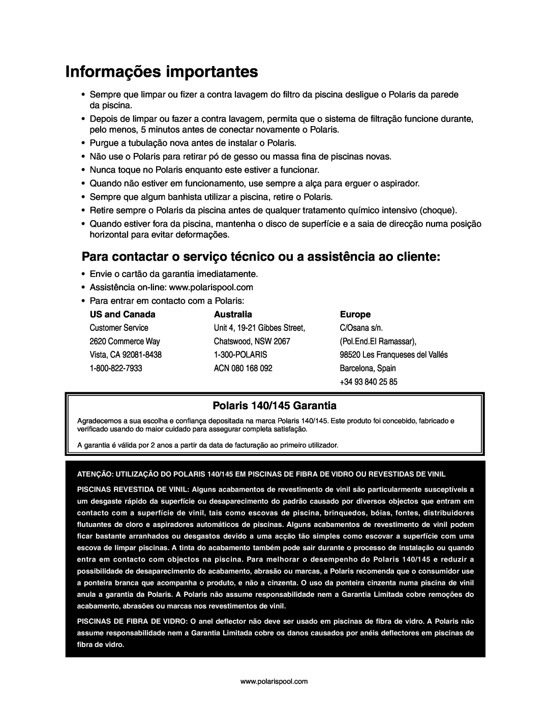 Polaris owner manual Informações importantes, Polaris 140/145 Garantia 