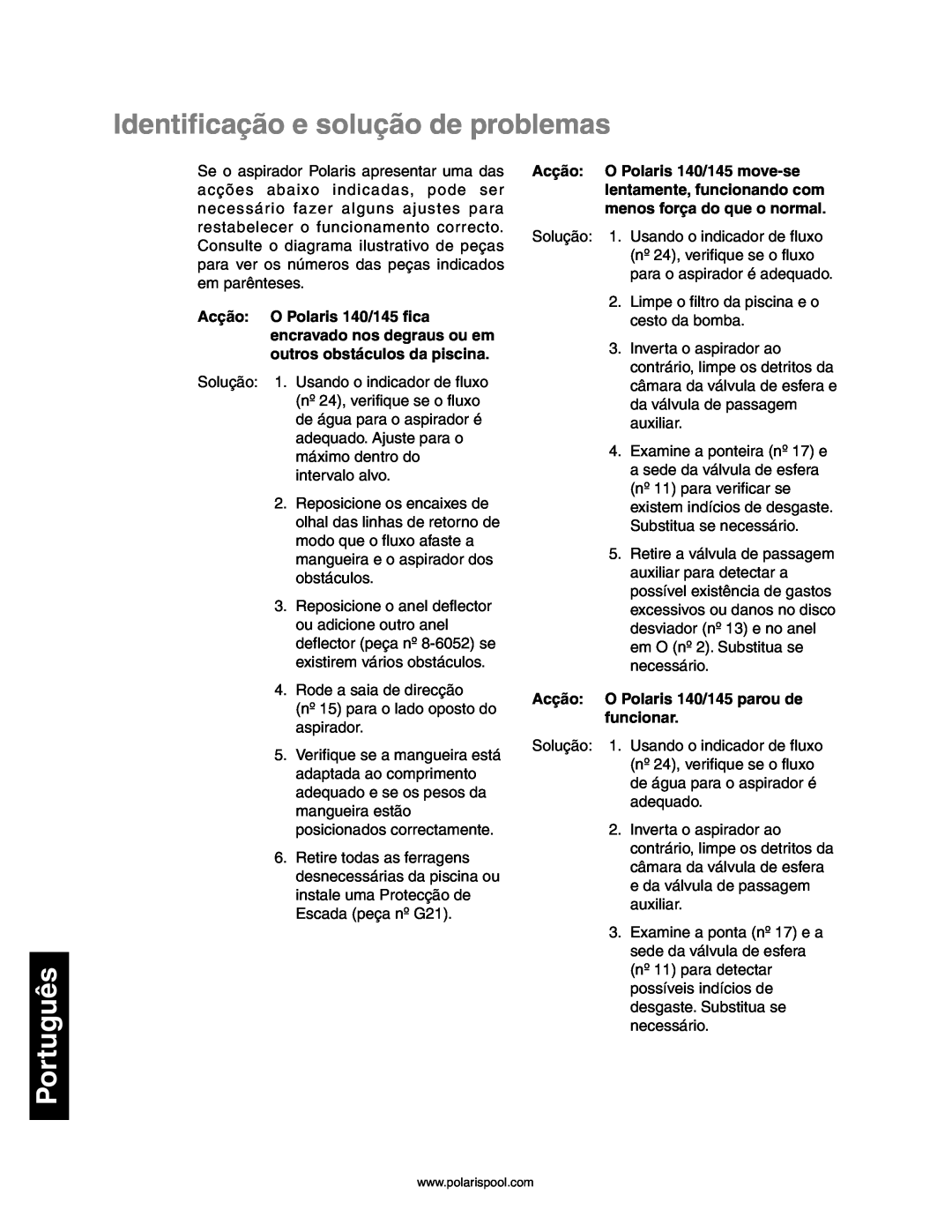 Polaris 140, 145 owner manual Identificação e solução de problemas, Português 