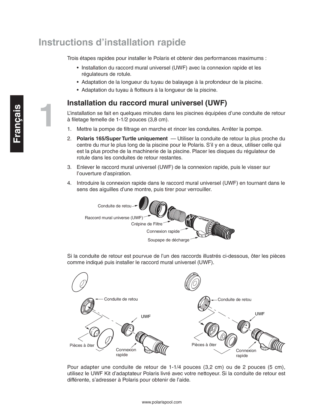 Polaris 165 owner manual Instructions d’installation rapide, Installation du raccord mural universel UWF 