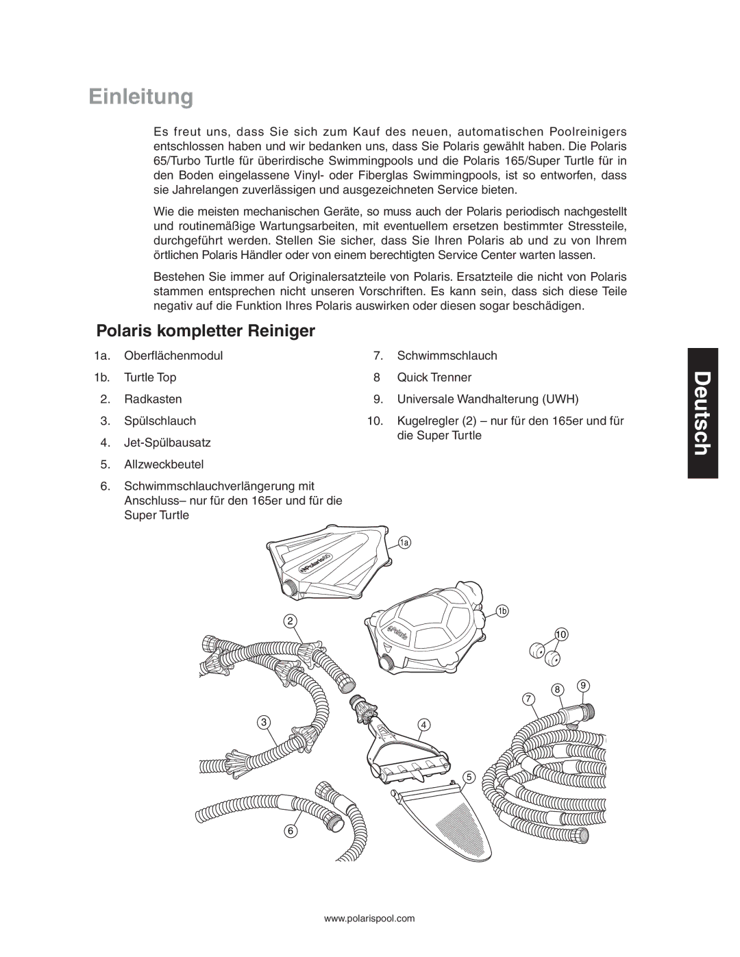 Polaris 165 owner manual Einleitung, Polaris kompletter Reiniger 