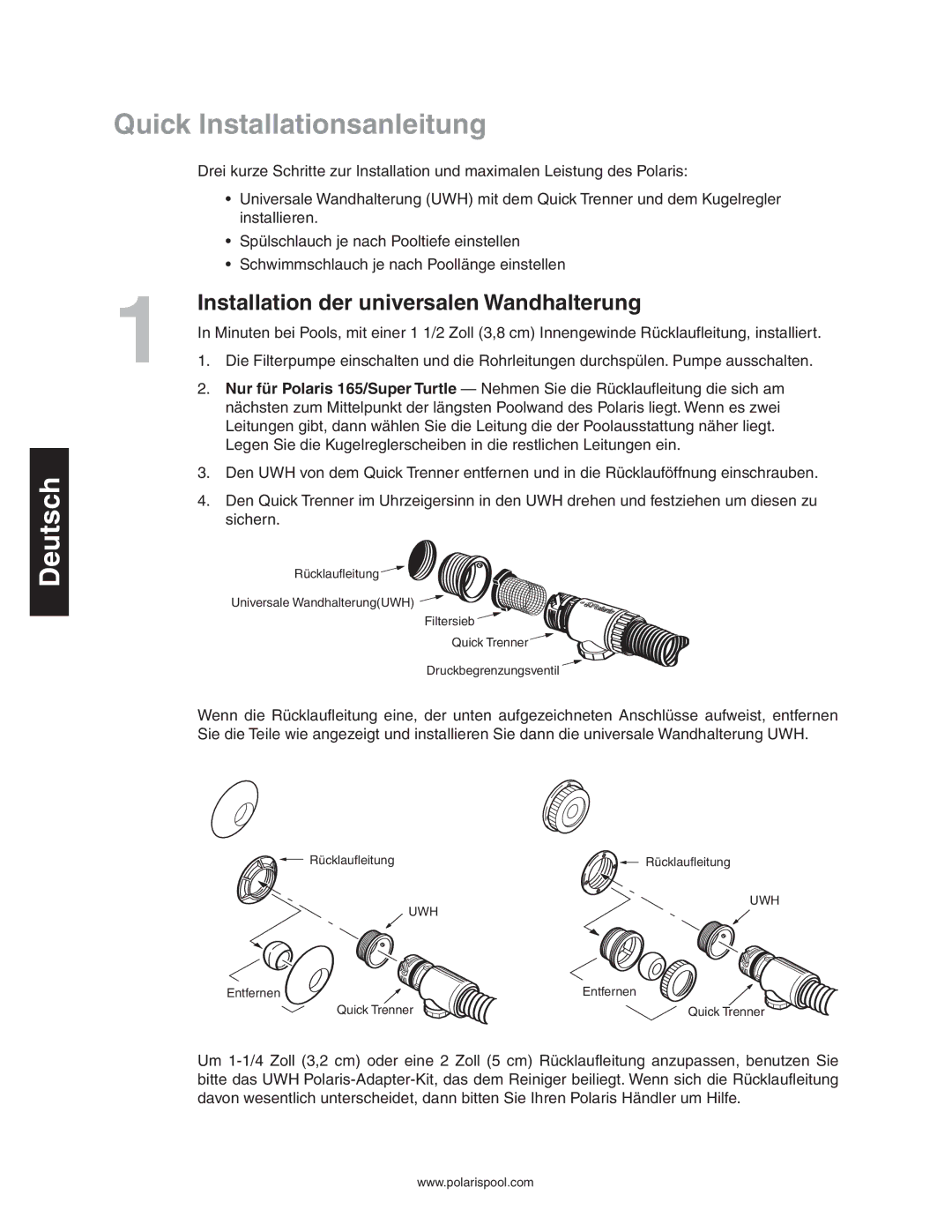 Polaris 165 owner manual Quick Installationsanleitung, Installation der universalen Wandhalterung 