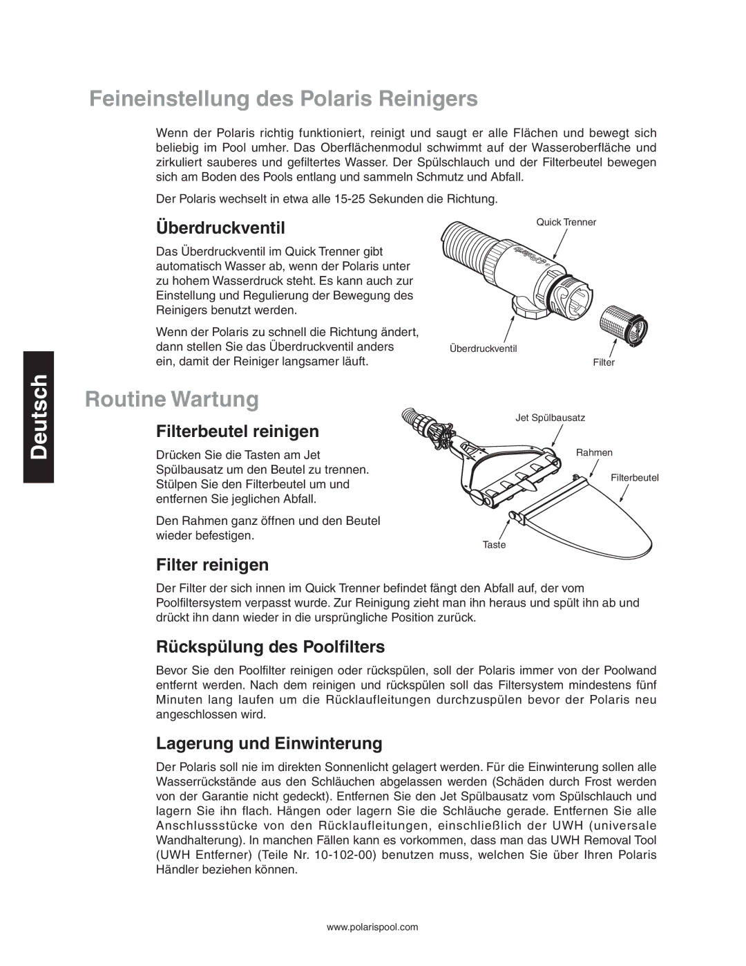 Polaris 165 owner manual Feineinstellung des Polaris Reinigers, Routine Wartung 