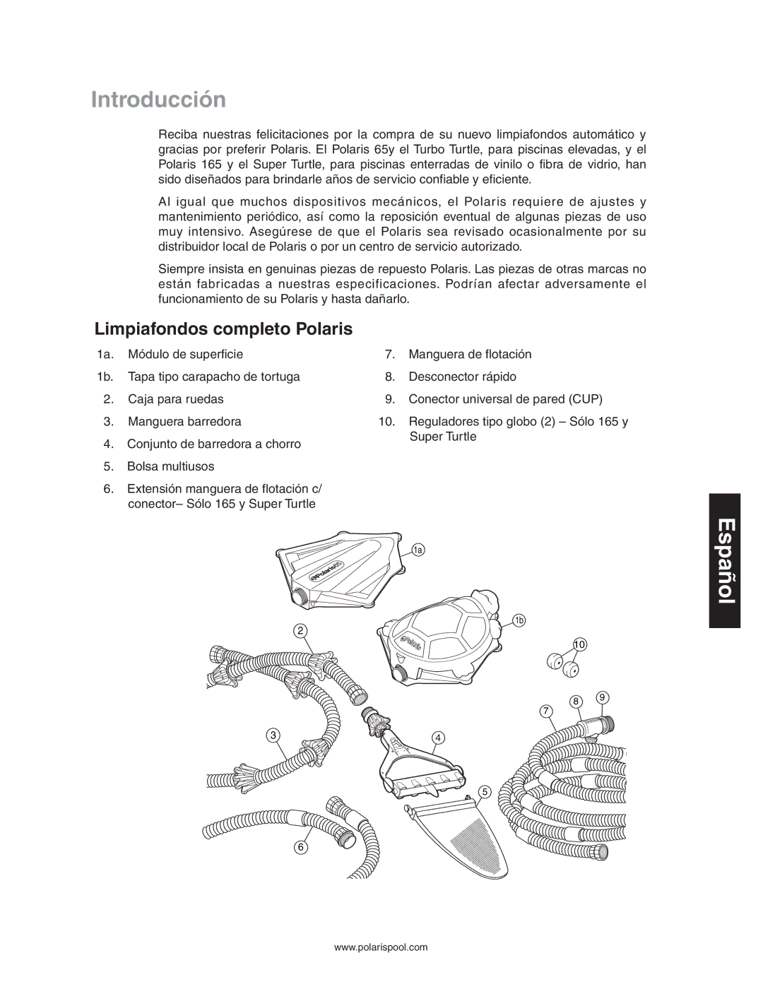 Polaris 165 owner manual Introducción, Limpiafondos completo Polaris 