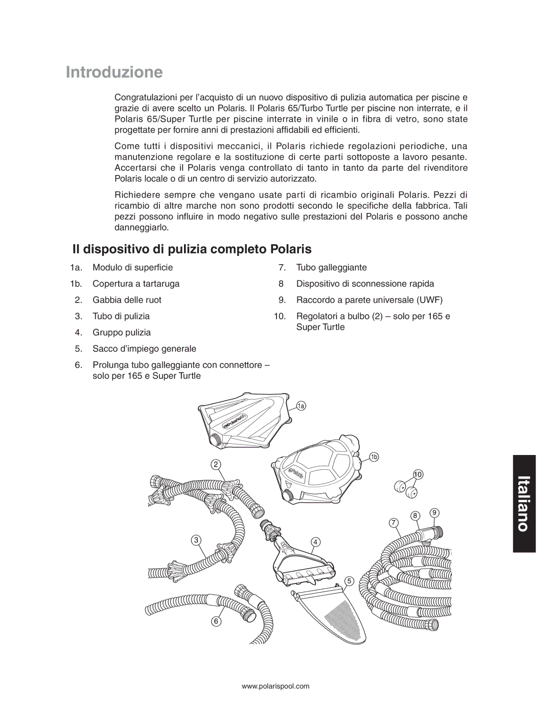 Polaris 165 owner manual Introduzione, Il dispositivo di pulizia completo Polaris 