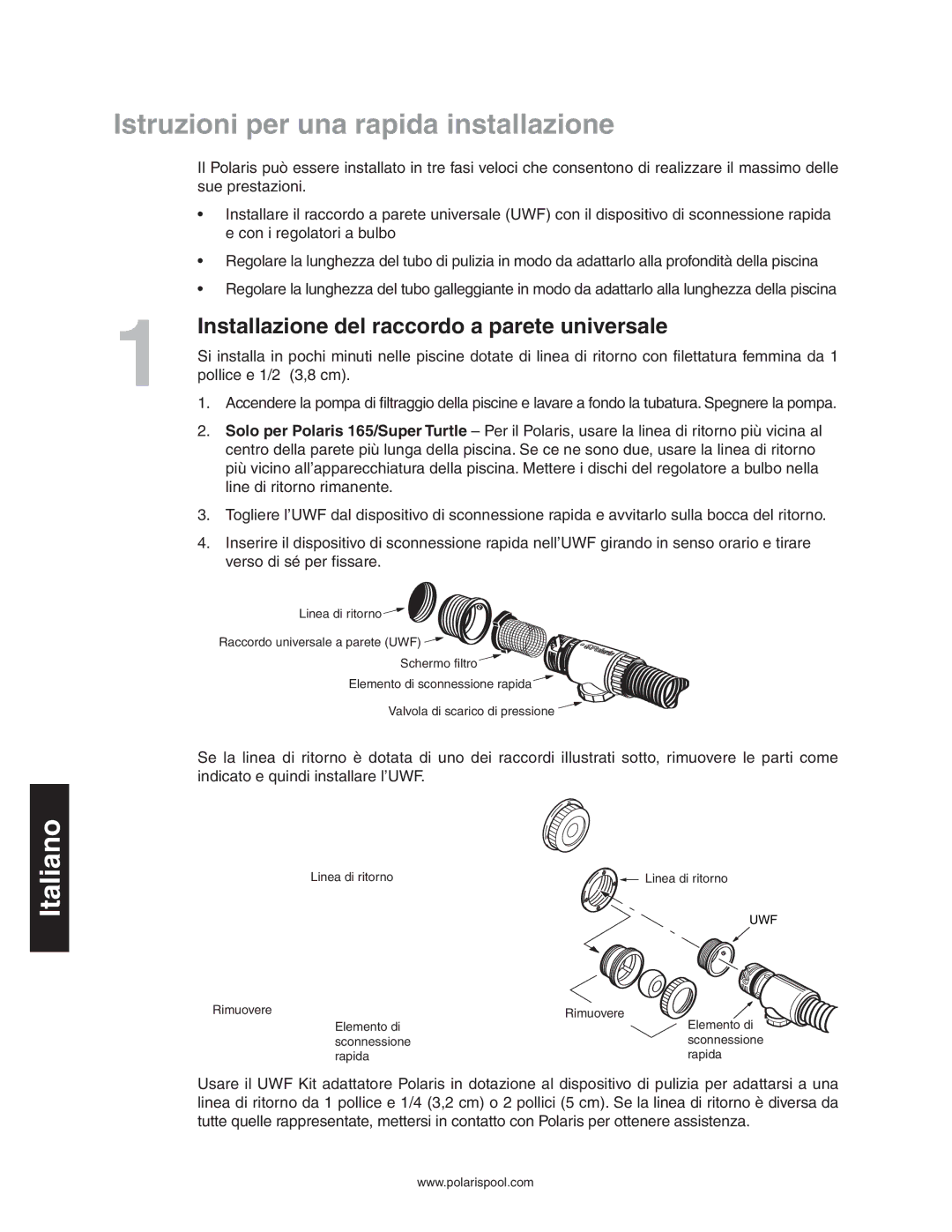 Polaris 165 owner manual Istruzioni per una rapida installazione, Installazione del raccordo a parete universale 