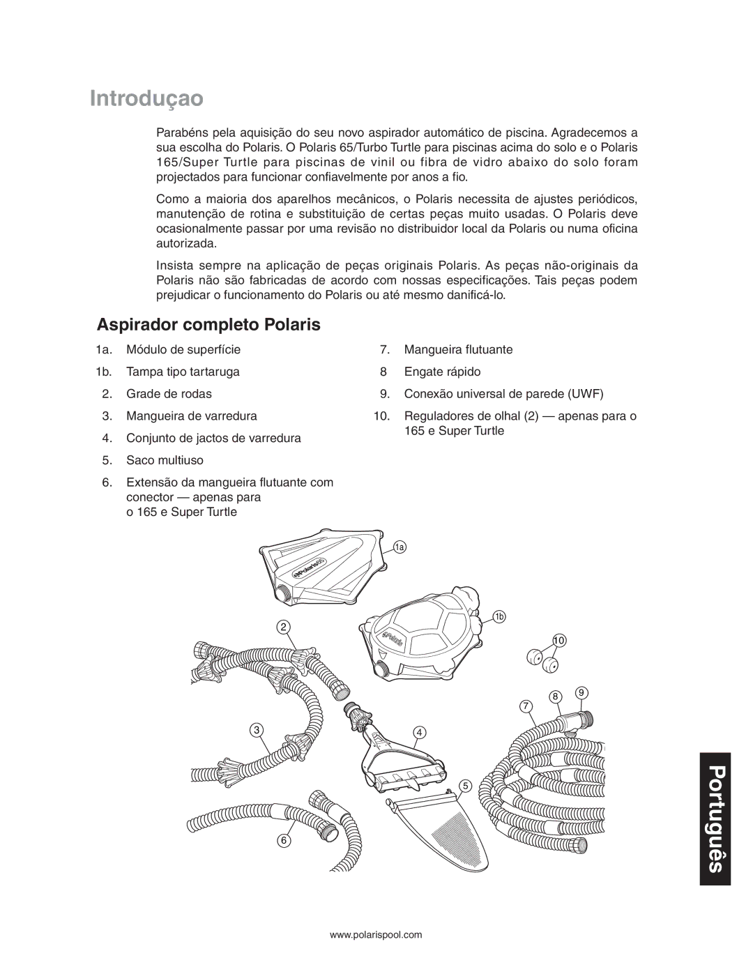 Polaris 165 owner manual Introduçao, Aspirador completo Polaris 