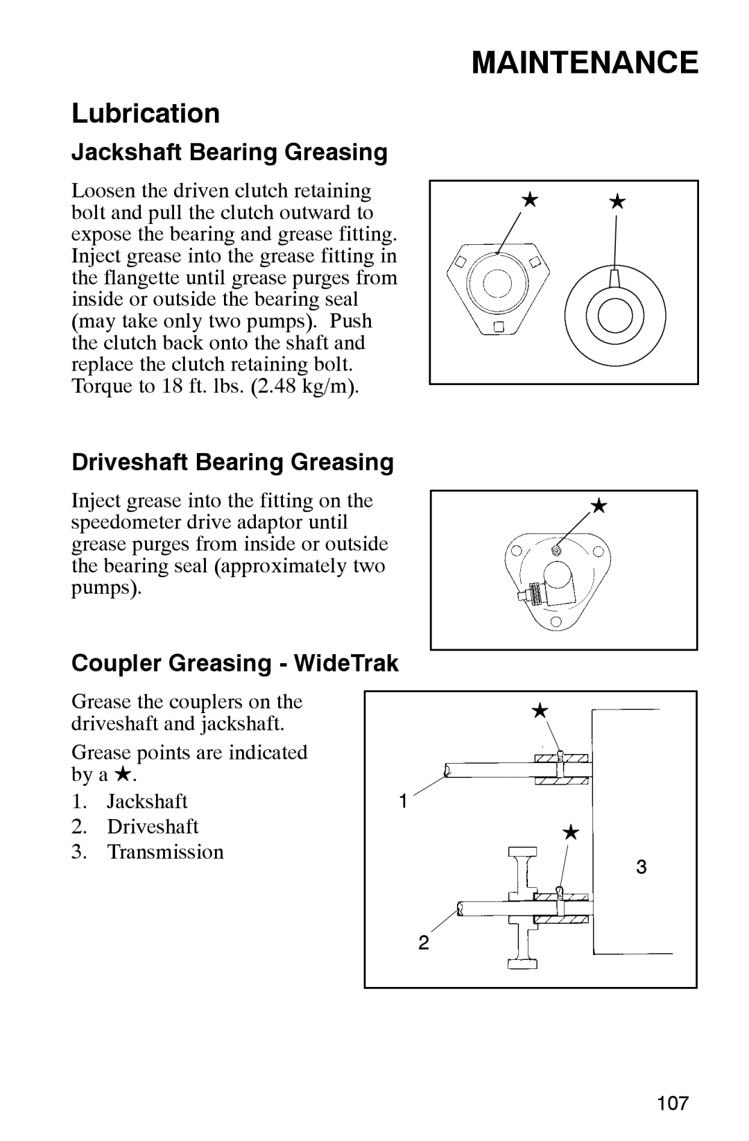 Polaris 2002 manual Jackshaft Bearing Greasing, Driveshaft Bearing Greasing, Coupler Greasing WideTrak 