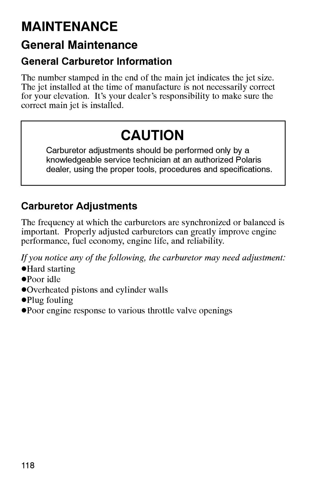 Polaris 2002 manual General Carburetor Information, Carburetor Adjustments 