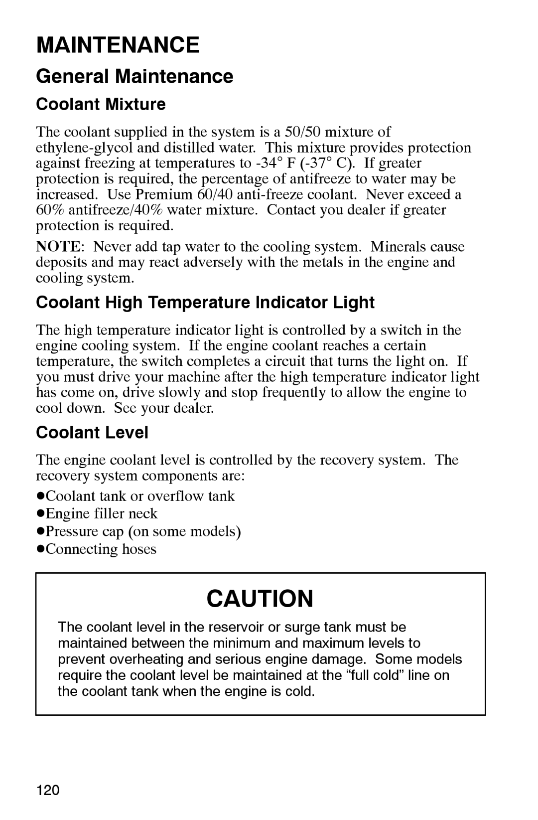 Polaris 2002 manual Coolant Mixture, Coolant High Temperature Indicator Light, Coolant Level 