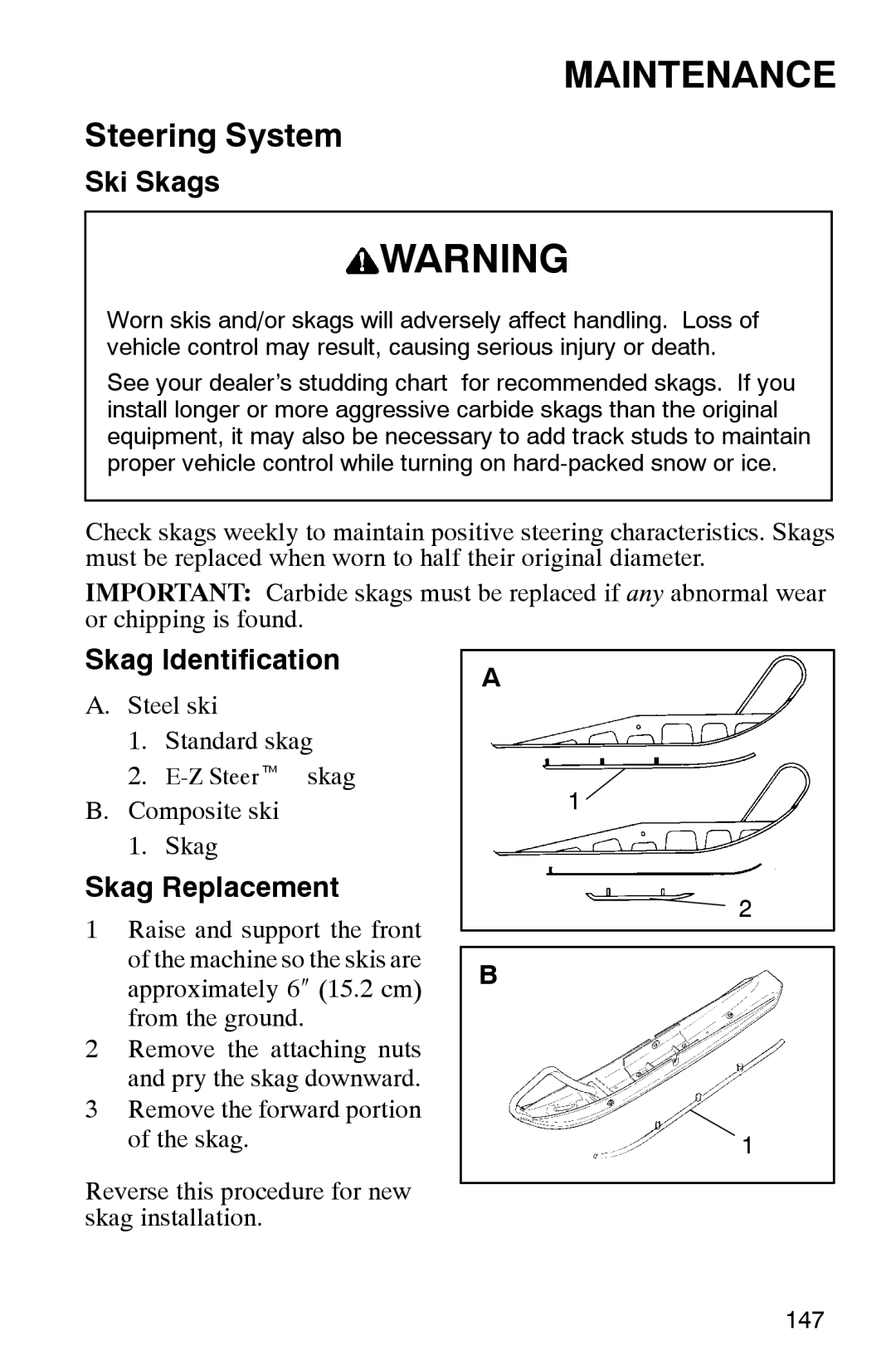 Polaris 2002 manual Ski Skags, Skag Identification, Skag Replacement 