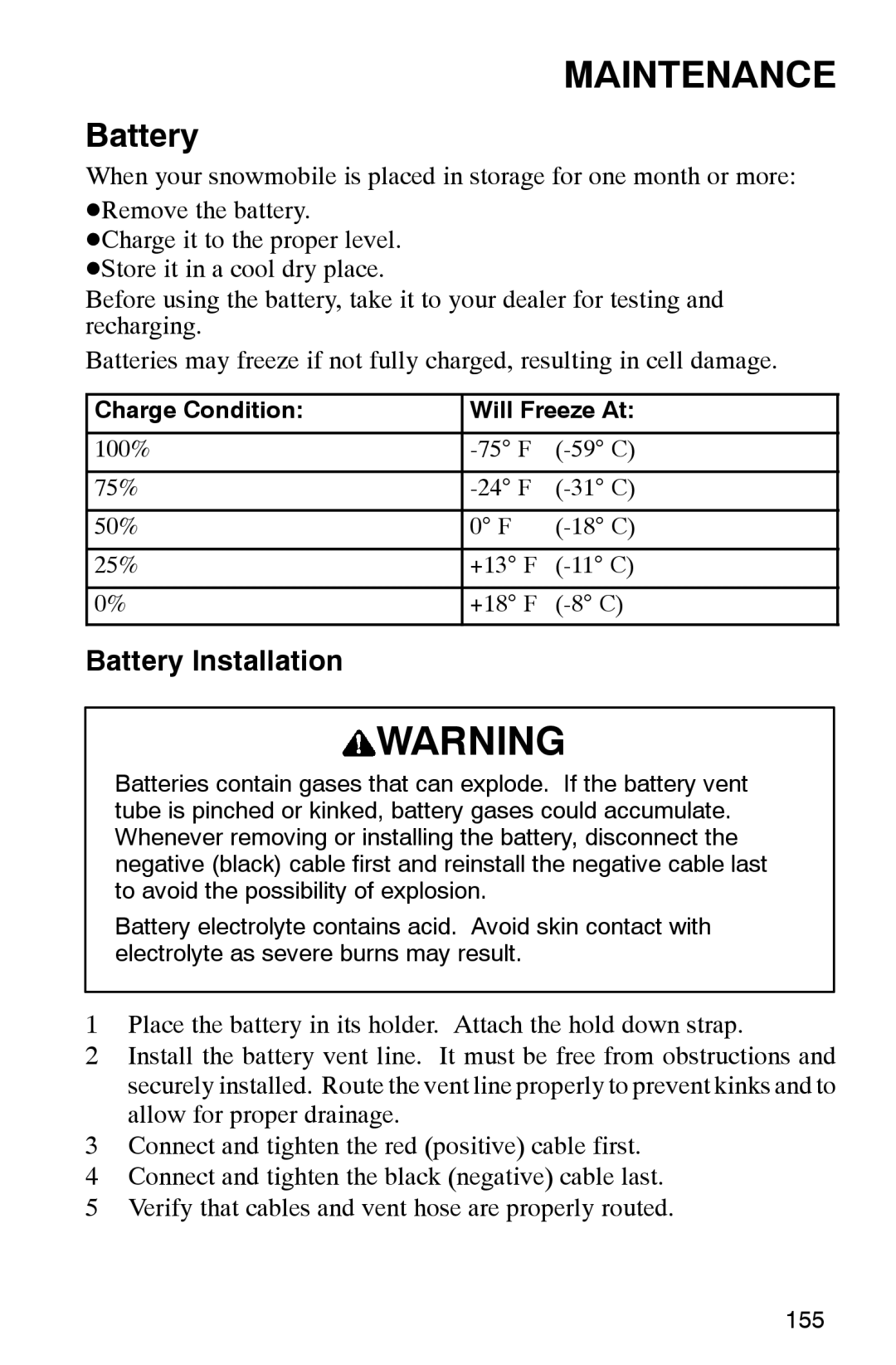 Polaris 2002 manual Battery Installation 