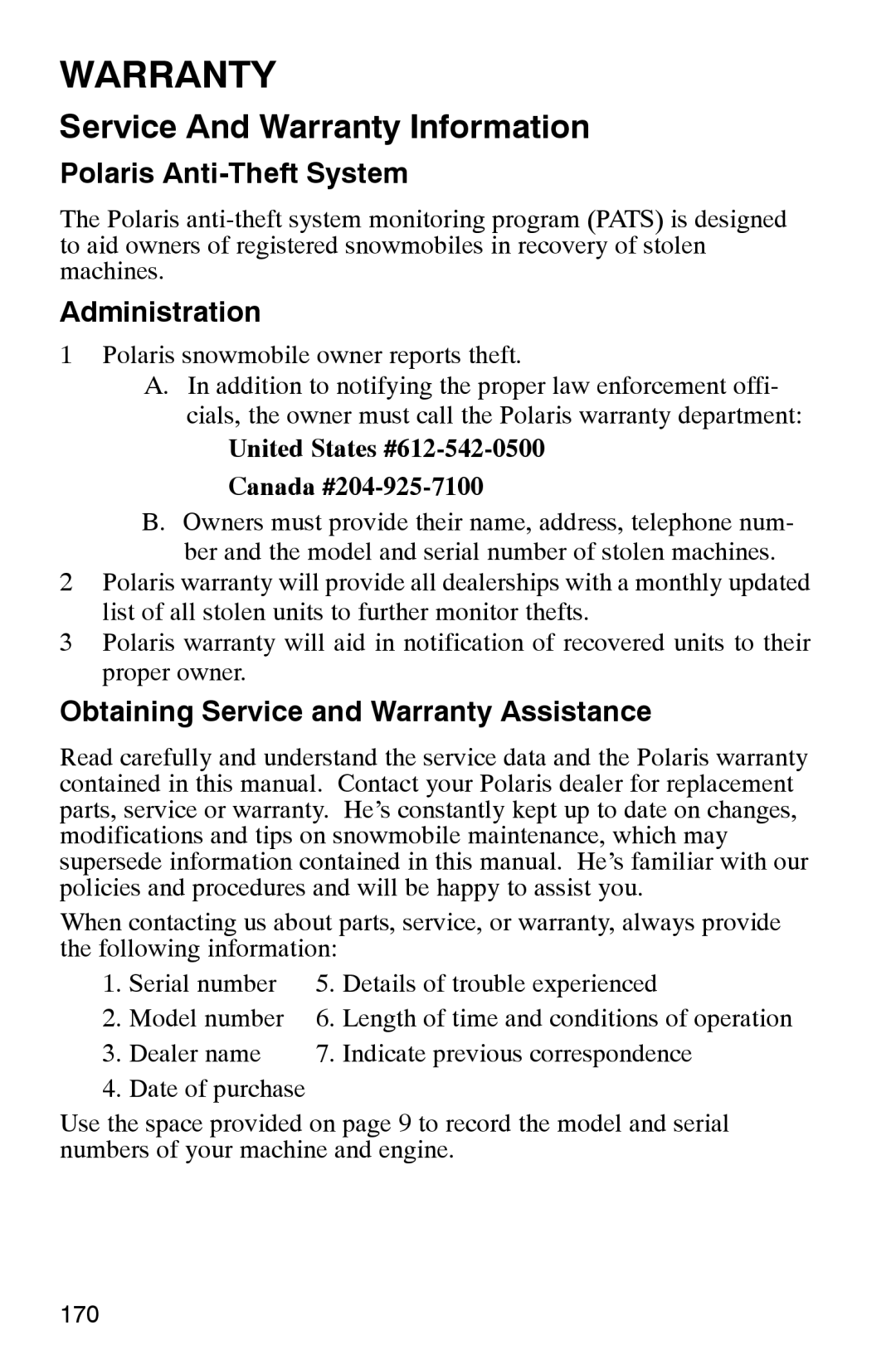 Polaris 2002 manual Service And Warranty Information, Polaris Anti-Theft System, Administration 