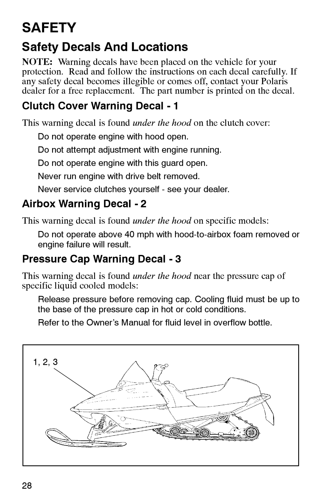 Polaris 2002 Safety Decals And Locations, Clutch Cover Warning Decal, Airbox Warning Decal, Pressure Cap Warning Decal 