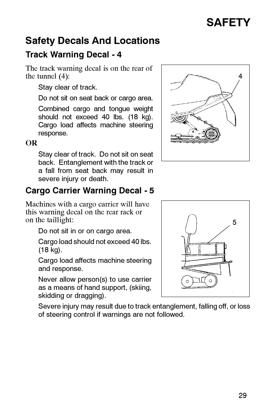 Polaris 2002 manual Track Warning Decal, Cargo Carrier Warning Decal 