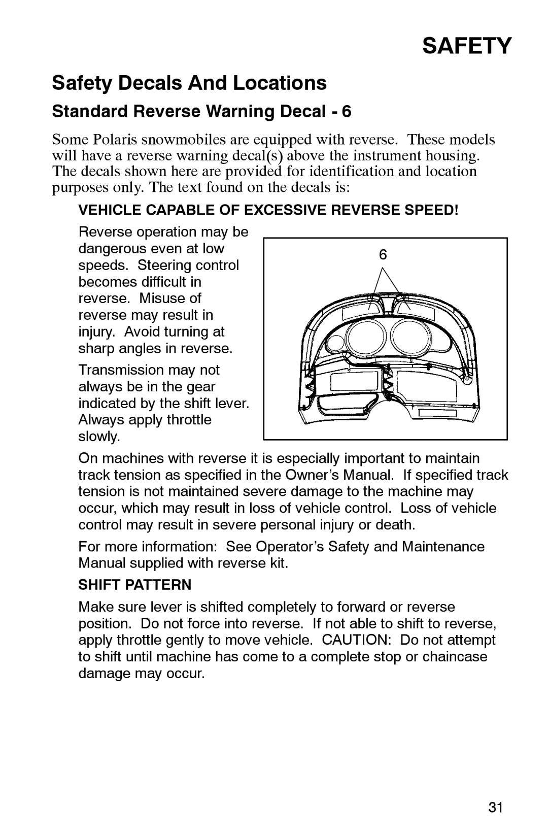 Polaris 2002 manual Standard Reverse Warning Decal, Vehicle Capable of Excessive Reverse Speed 