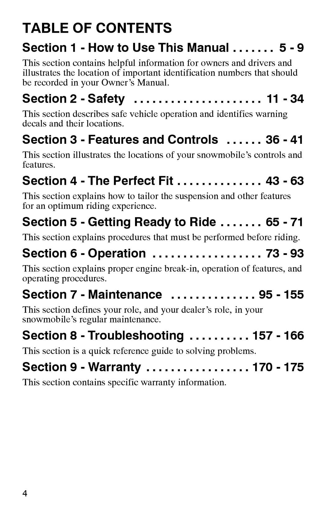 Polaris 2002 manual Table of Contents 