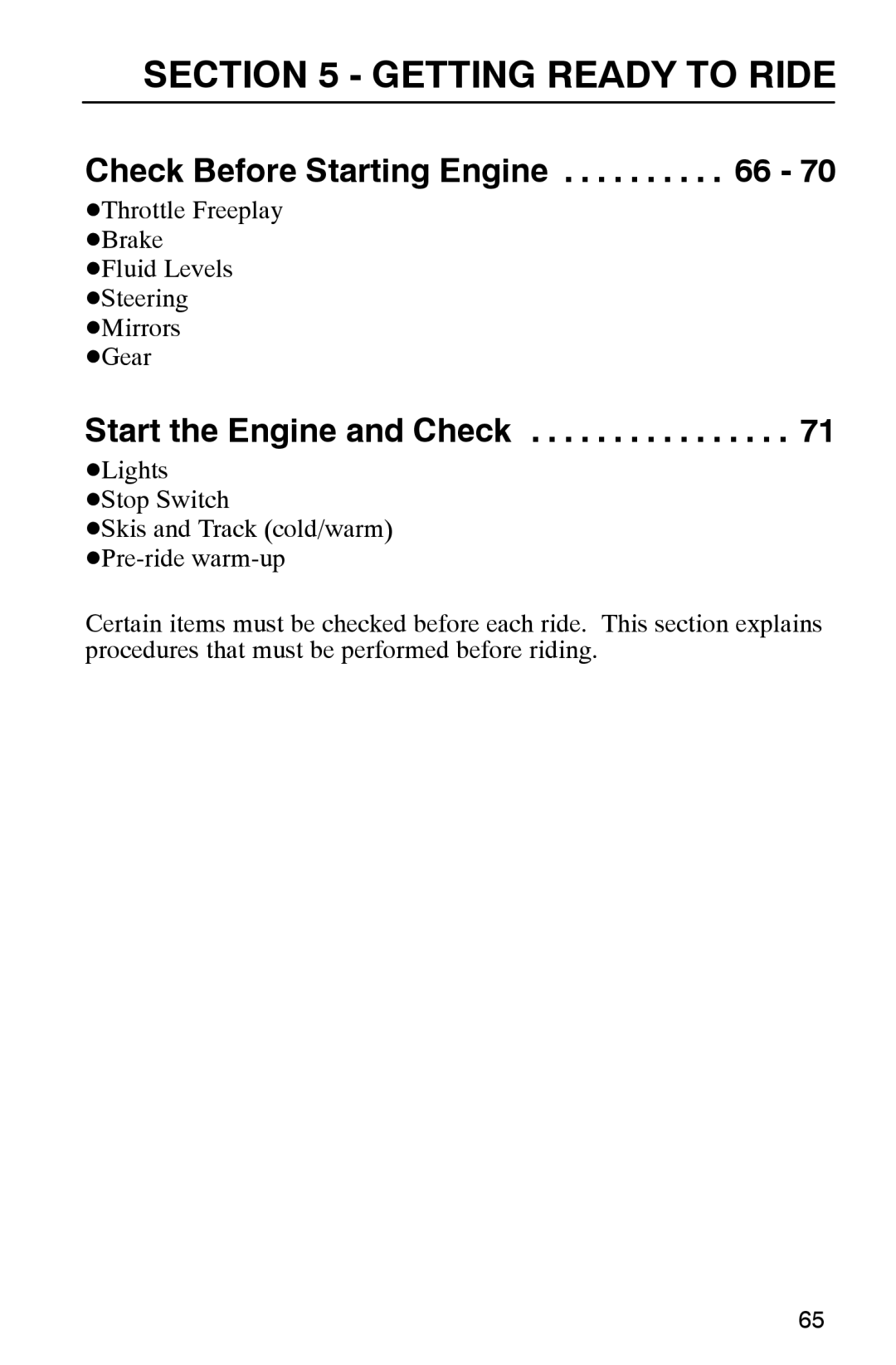 Polaris 2002 manual Check Before Starting Engine, Start the Engine and Check 