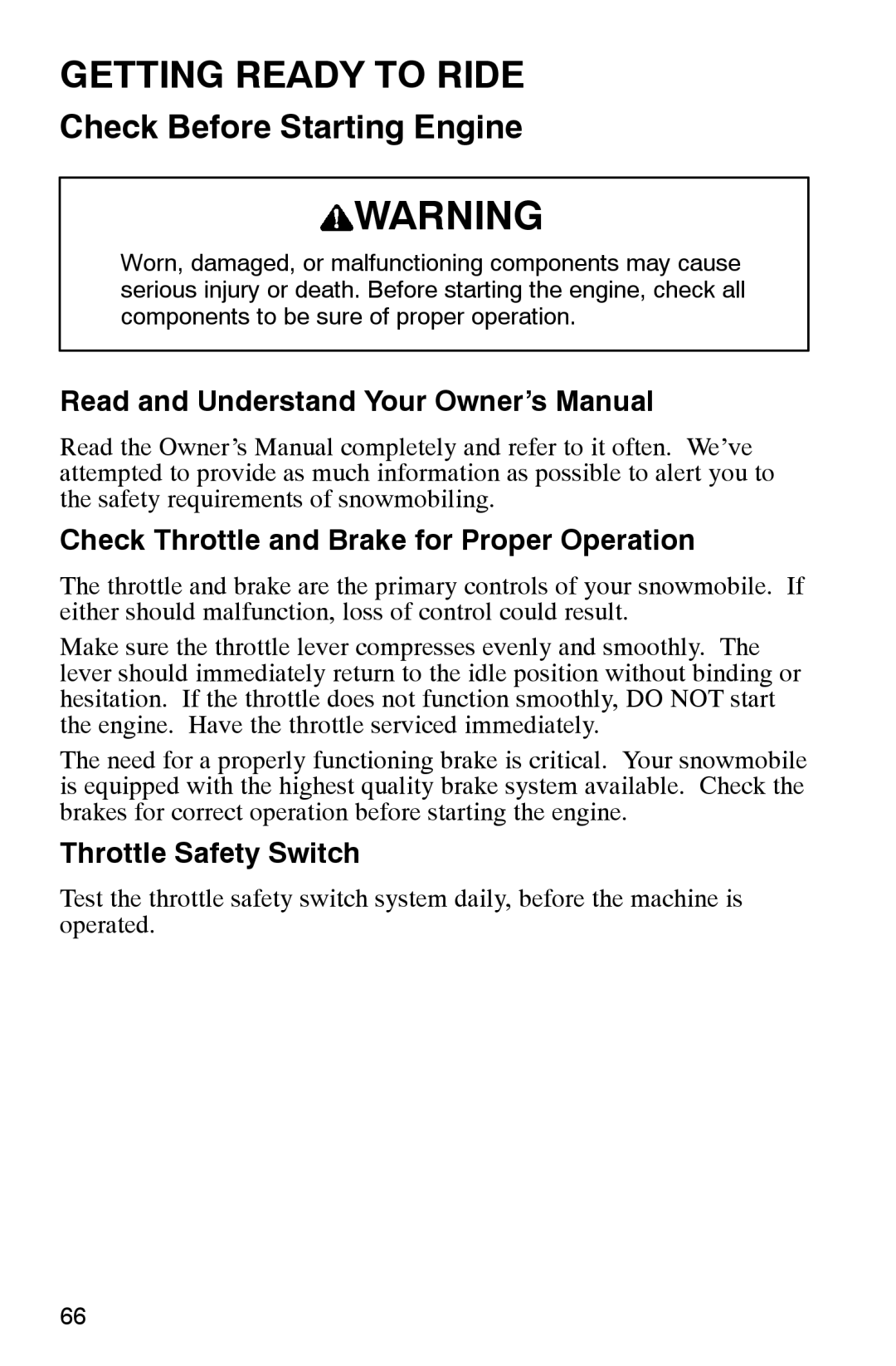 Polaris 2002 manual Check Throttle and Brake for Proper Operation, Throttle Safety Switch 