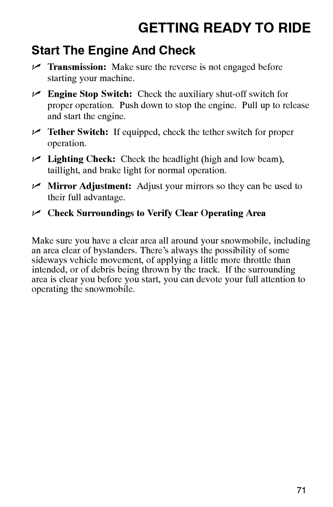 Polaris 2002 manual Start The Engine And Check, Check Surroundings to Verify Clear Operating Area 