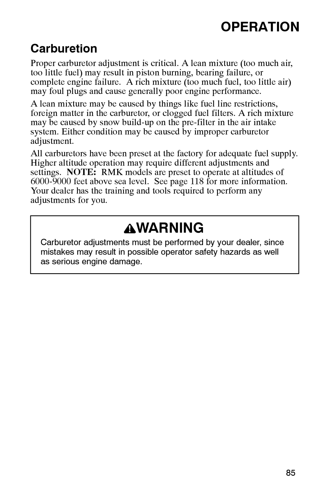 Polaris 2002 manual Carburetion 