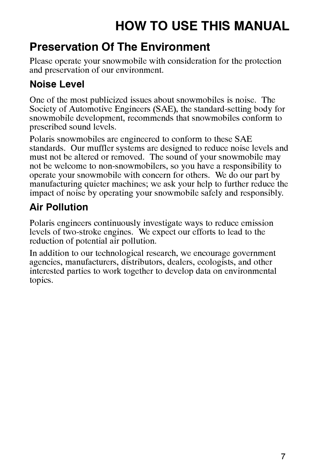 Polaris 2002 manual Preservation Of The Environment, Noise Level, Air Pollution 