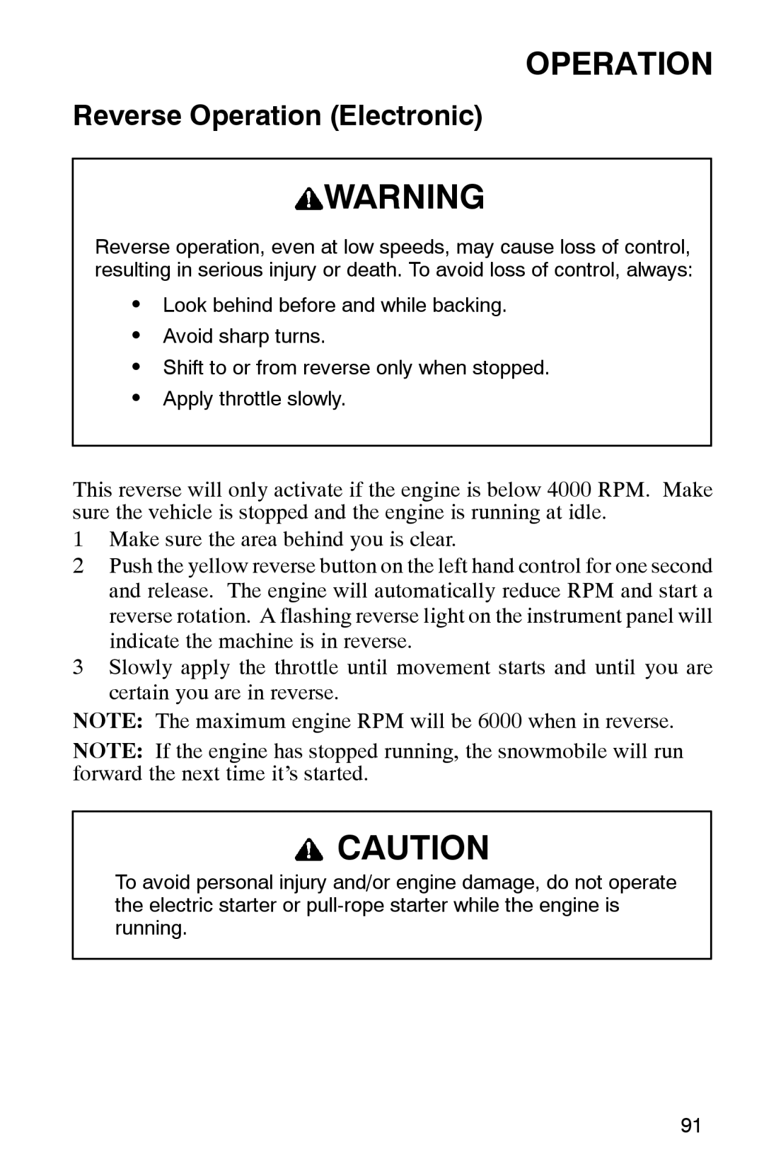 Polaris 2002 manual Reverse Operation Electronic 