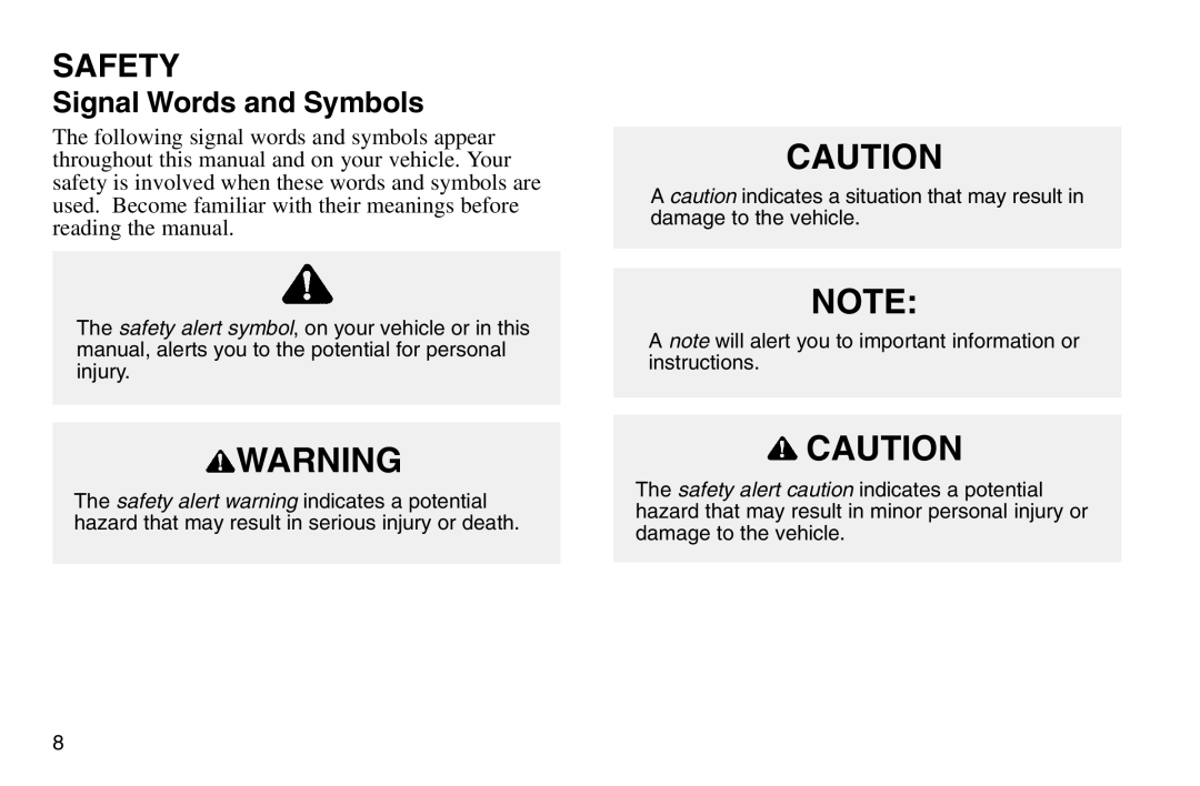 Polaris 2003 MSX owner manual Safety, Signal Words and Symbols 