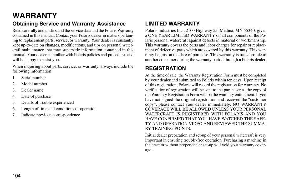 Polaris 2003 MSX owner manual Obtaining Service and Warranty Assistance 