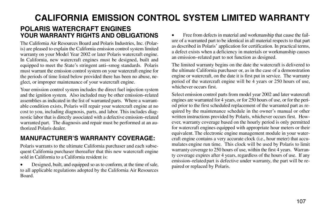 Polaris 2003 MSX owner manual California Emission Control System Limited Warranty, Polaris Watercraft Engines 