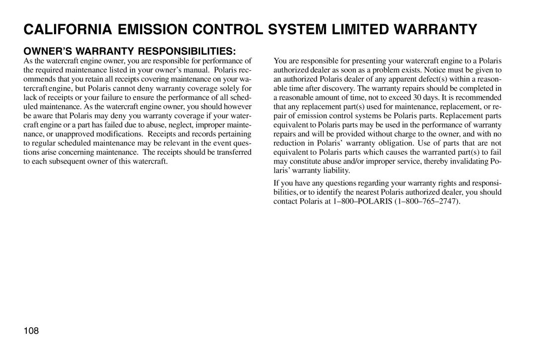 Polaris 2003 MSX owner manual OWNER’S Warranty Responsibilities 