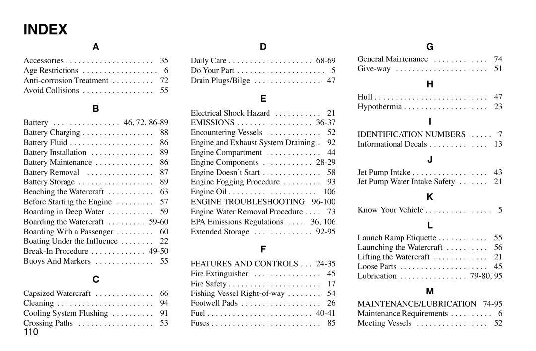 Polaris 2003 MSX owner manual Index, Emissions 