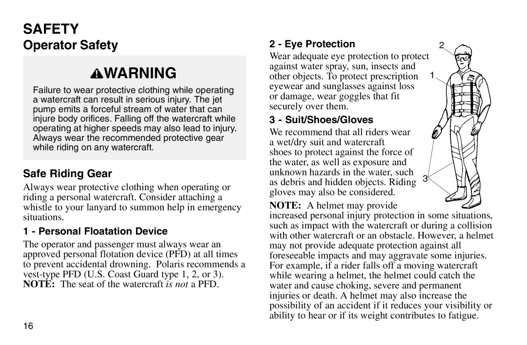 Polaris 2003 MSX owner manual Safe Riding Gear, Personal Floatation Device, Eye Protection, Suit/Shoes/Gloves 