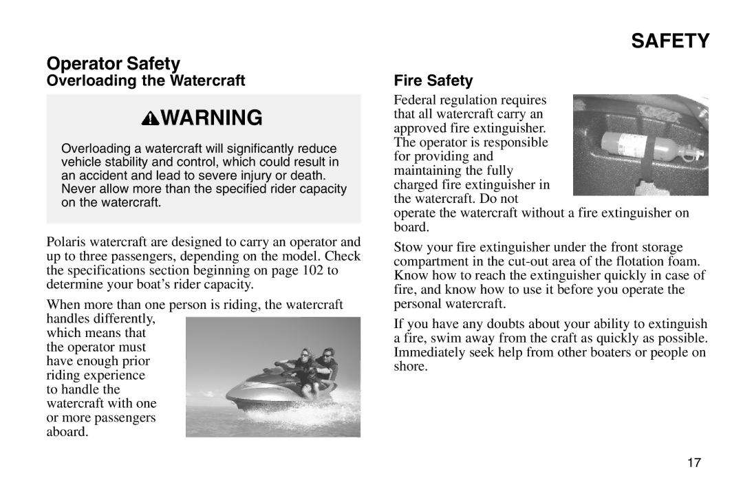 Polaris 2003 MSX owner manual Overloading the Watercraft, Fire Safety 