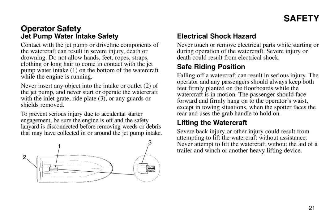 Polaris 2003 MSX Jet Pump Water Intake Safety, Electrical Shock Hazard, Safe Riding Position, Lifting the Watercraft 