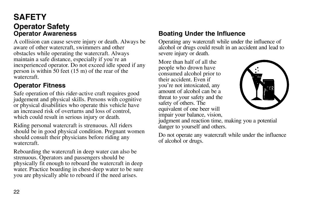 Polaris 2003 MSX owner manual Operator Awareness, Operator Fitness, Boating Under the Influence 