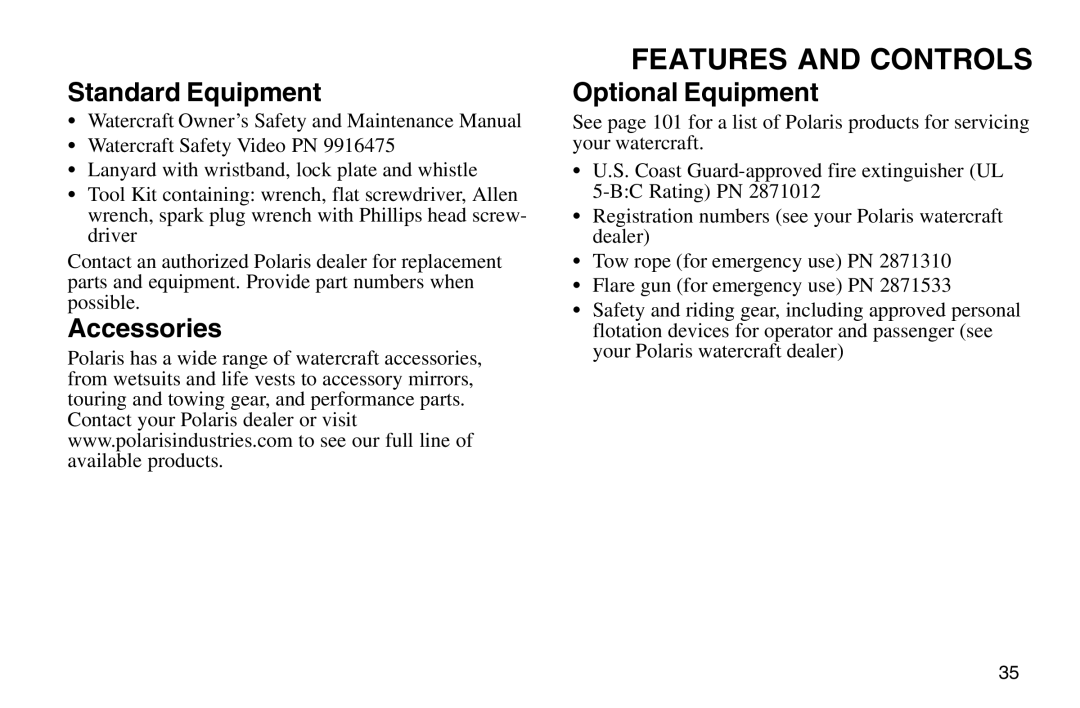 Polaris 2003 MSX owner manual Standard Equipment, Accessories, Optional Equipment 