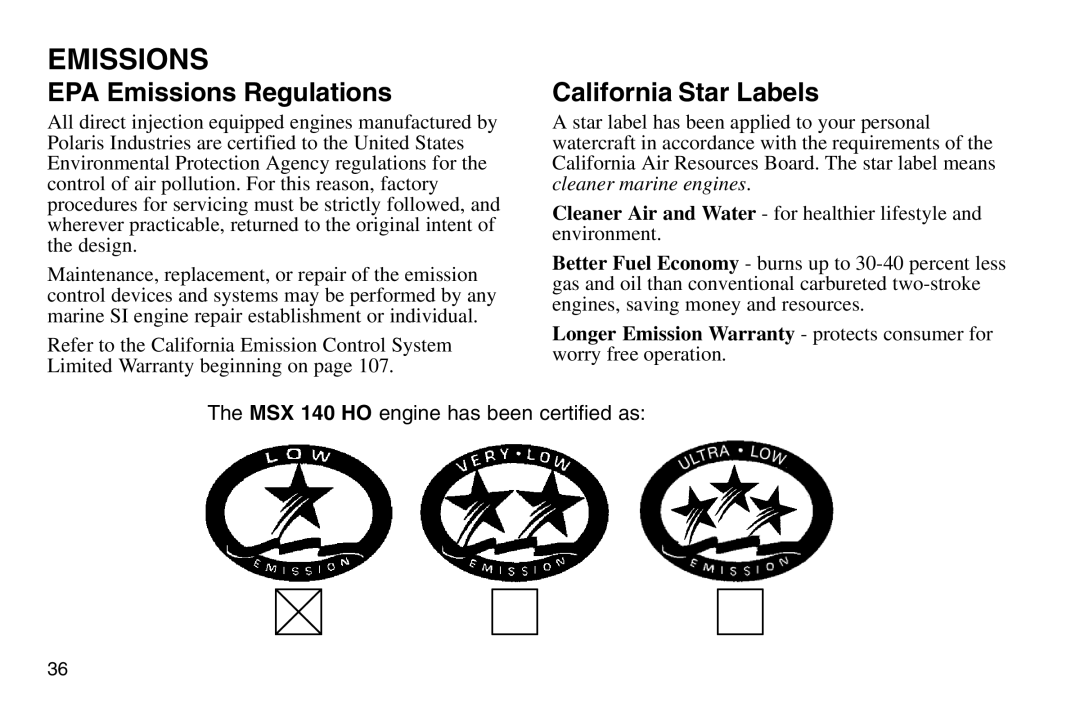 Polaris 2003 MSX owner manual EPA Emissions Regulations, California Star Labels 