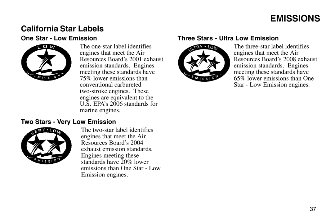 Polaris 2003 MSX owner manual One Star Low Emission, Two Stars Very Low Emission, Three Stars Ultra Low Emission 