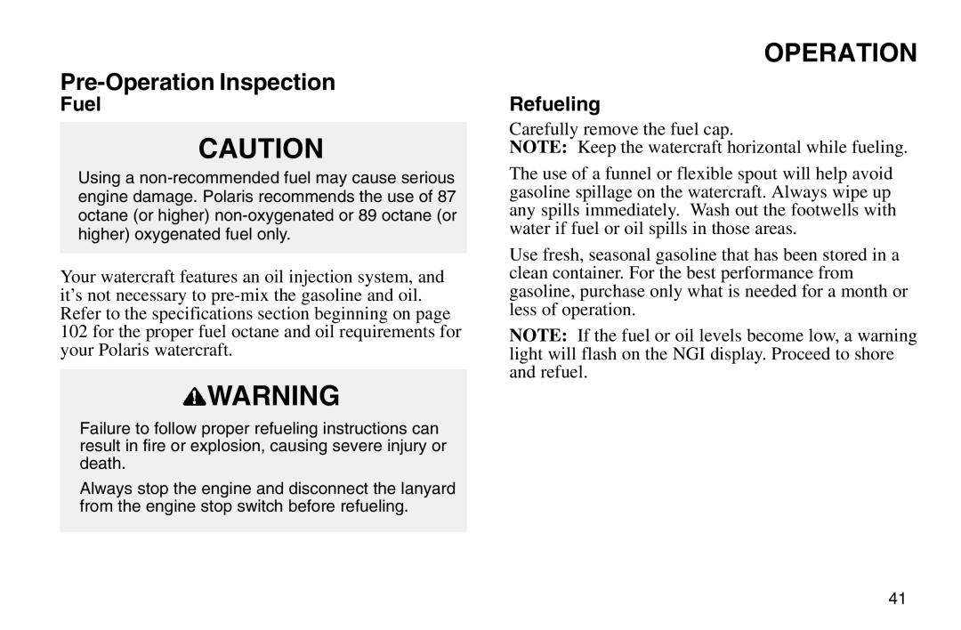 Polaris 2003 MSX owner manual Refueling 