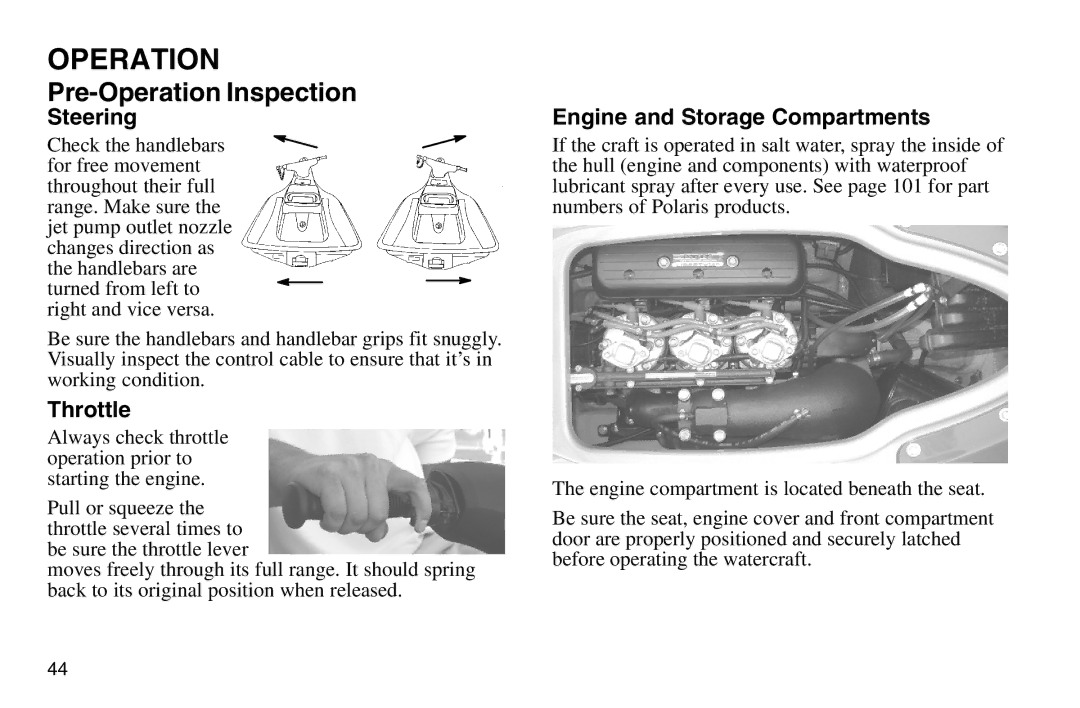 Polaris 2003 MSX owner manual Steering, Throttle, Engine and Storage Compartments 