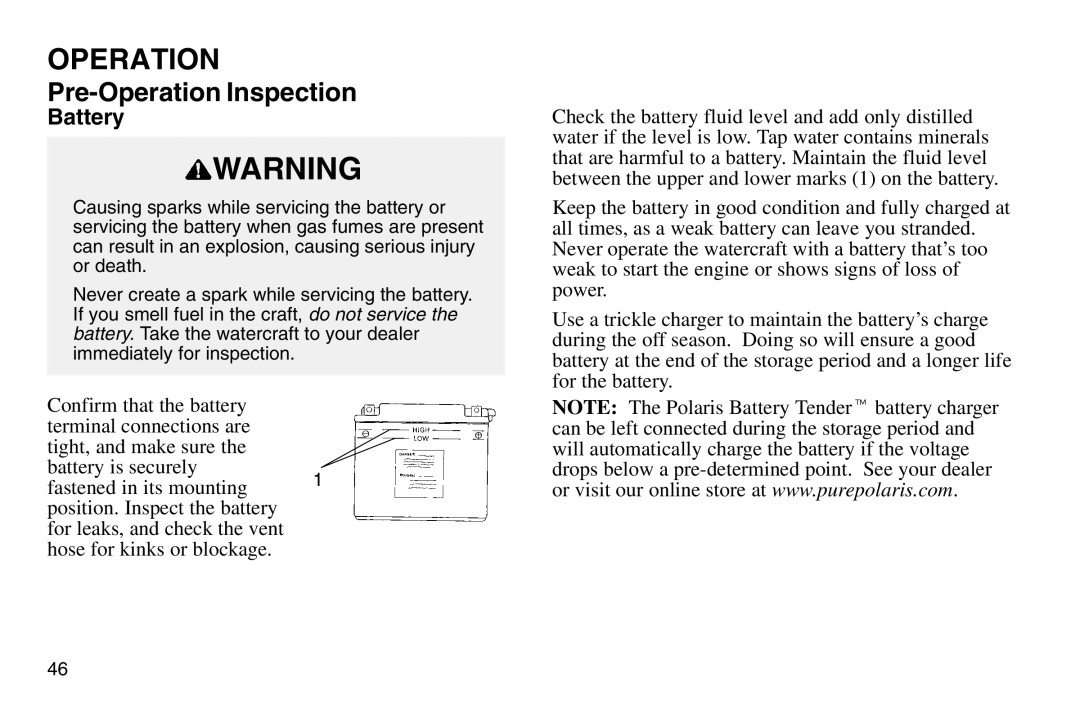 Polaris 2003 MSX owner manual Battery 