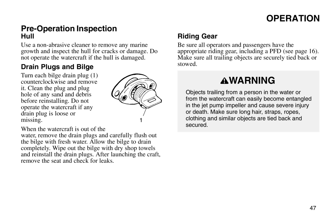 Polaris 2003 MSX owner manual Hull, Drain Plugs and Bilge, Riding Gear 