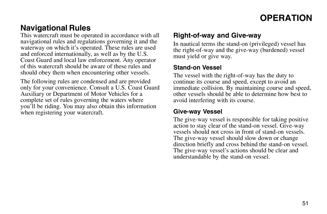 Polaris 2003 MSX owner manual Navigational Rules, Right-of-way and Give-way, Stand-on Vessel, Give-way Vessel 