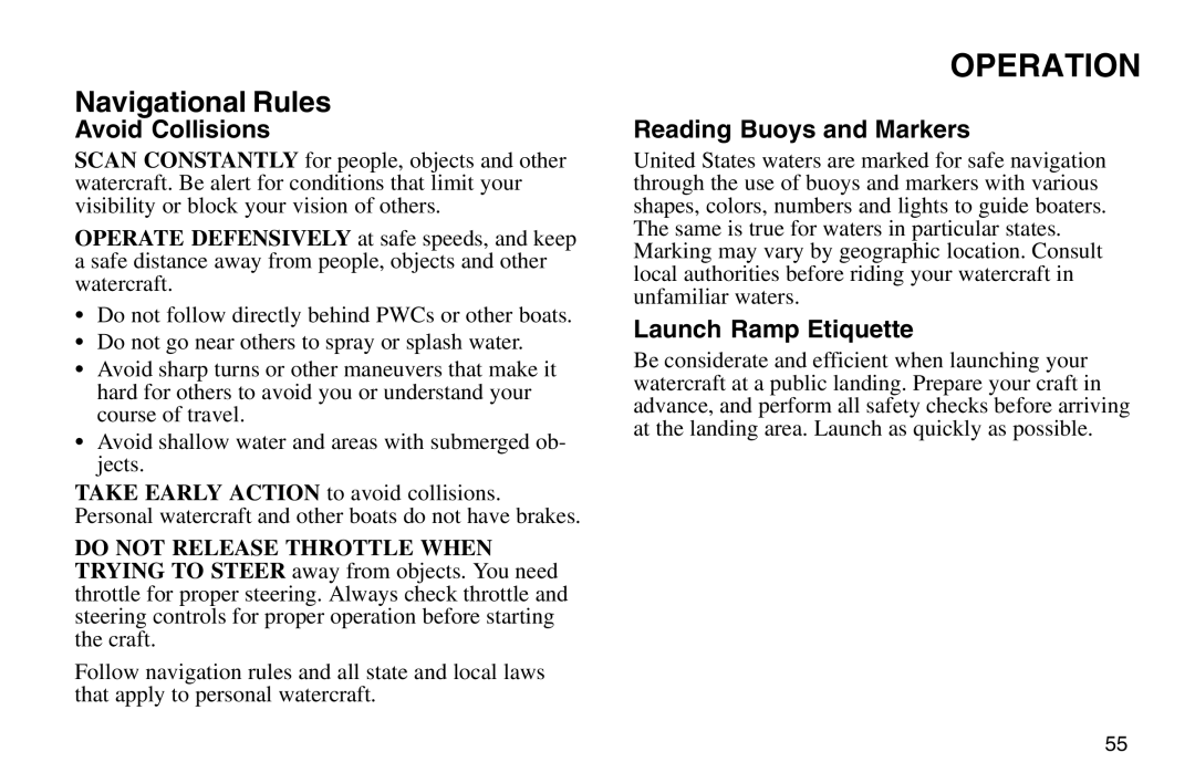 Polaris 2003 MSX owner manual Avoid Collisions, Reading Buoys and Markers, Launch Ramp Etiquette 