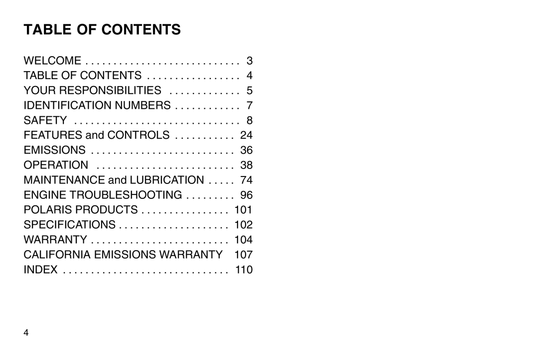 Polaris 2003 MSX owner manual Table of Contents 