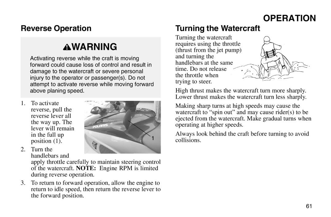 Polaris 2003 MSX owner manual Reverse Operation, Turning the Watercraft 