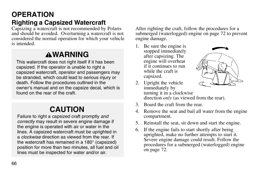 Polaris 2003 MSX owner manual Righting a Capsized Watercraft 