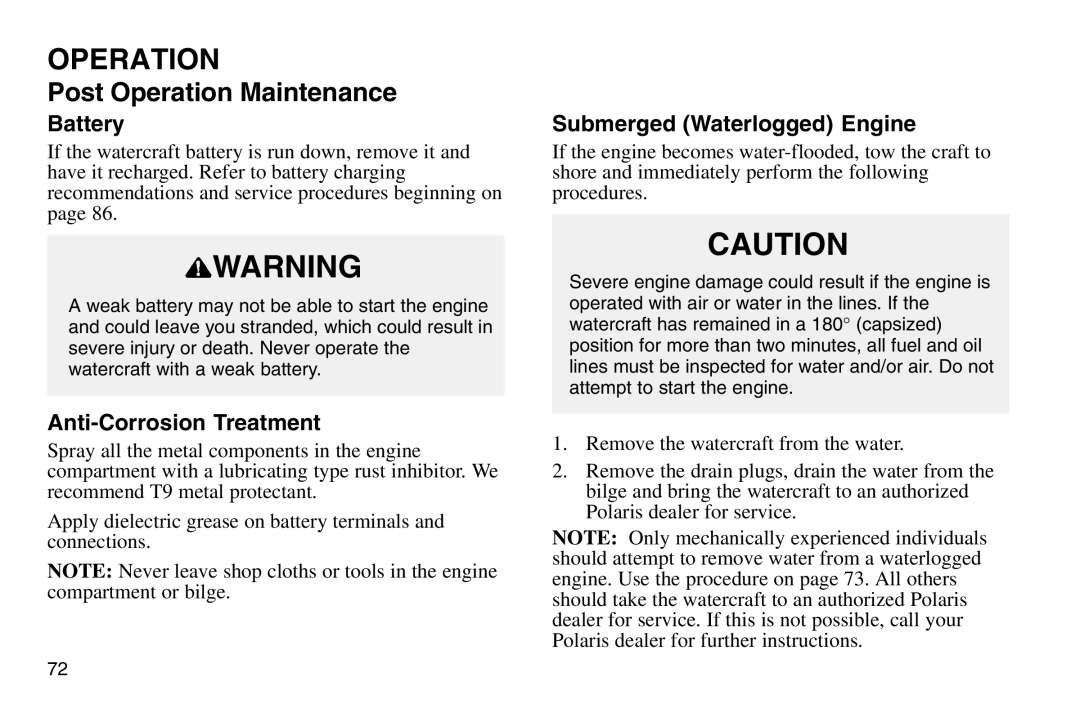 Polaris 2003 MSX owner manual Anti-Corrosion Treatment, Submerged Waterlogged Engine 