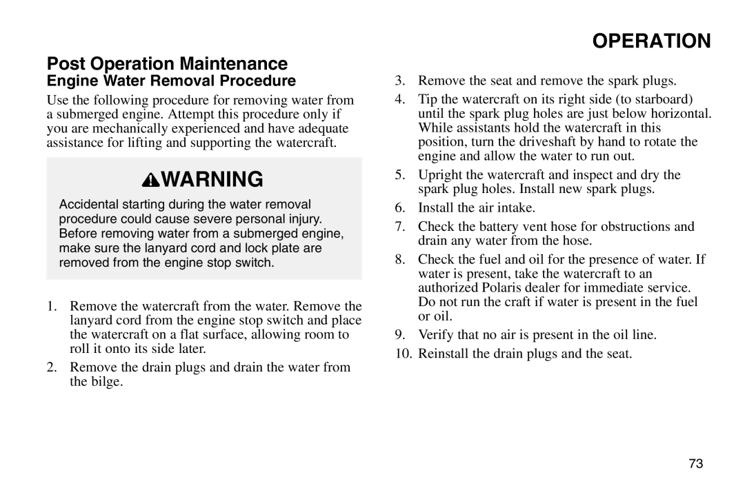 Polaris 2003 MSX owner manual Engine Water Removal Procedure 