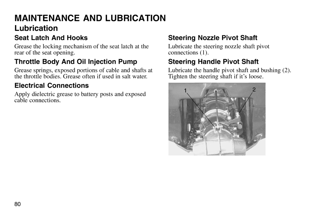 Polaris 2003 MSX owner manual Seat Latch And Hooks Steering Nozzle Pivot Shaft, Throttle Body And Oil Injection Pump 